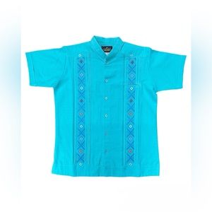 Men’s Linen Aqua Guayabera with Multicolor Embroidery Short Sleeve